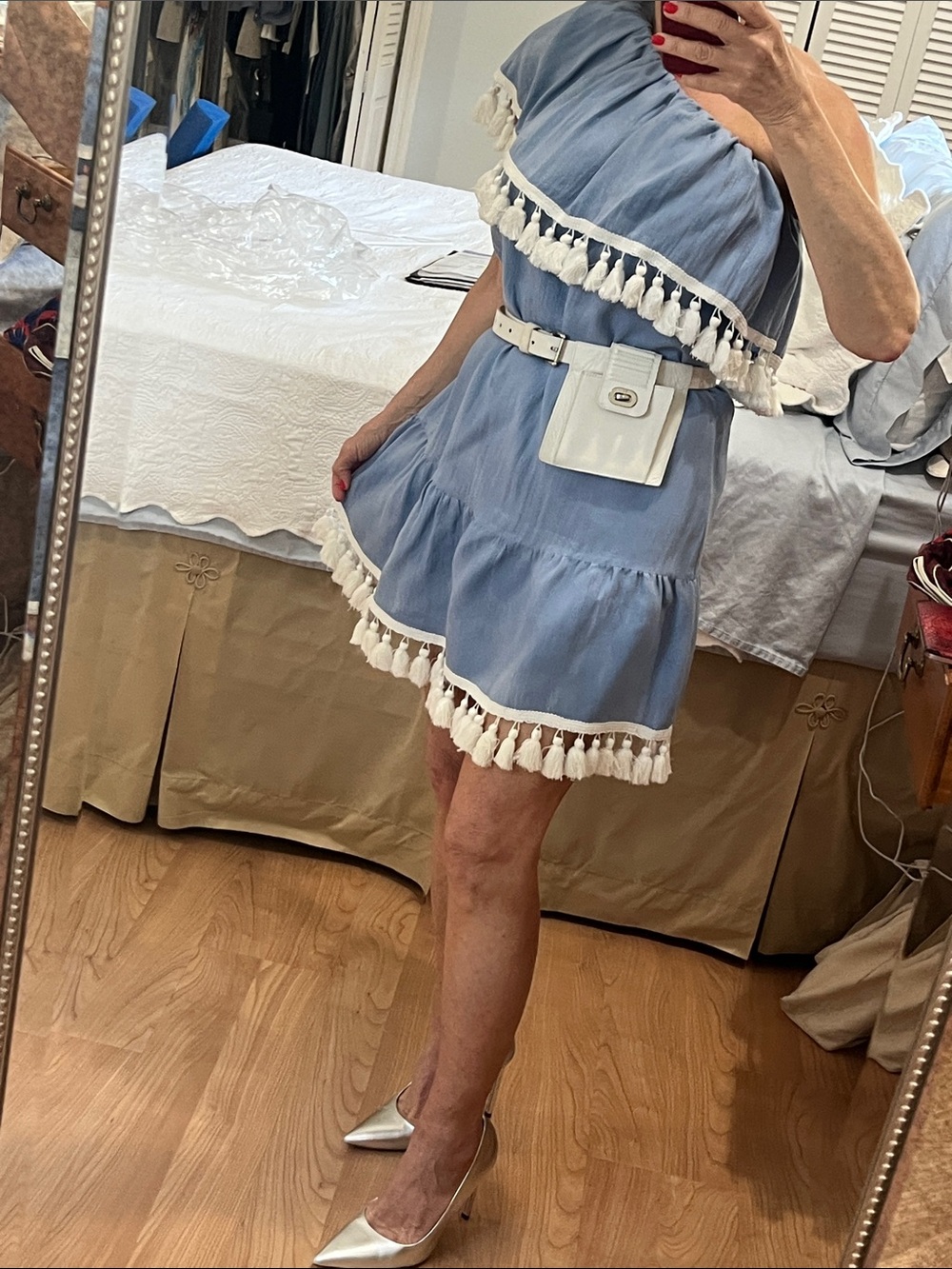 Off-Shoulder Light Blue Tassel-Trim Midi Dress